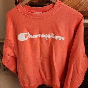 Champion Coral-Orange Crewneck with White Script Logo